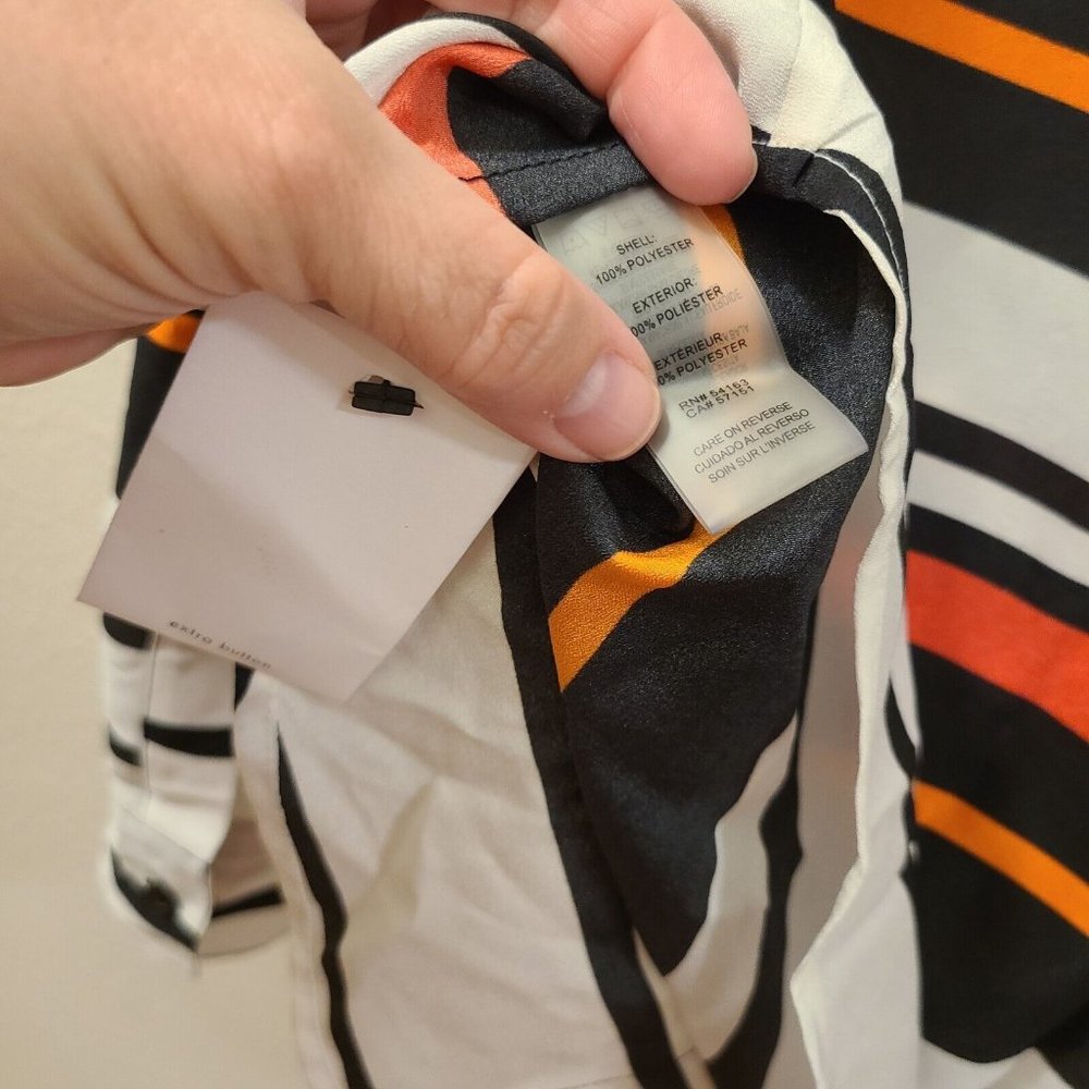Calvin Klein Blouse Top Black White Pink Orange Stripe Women Size Small Roll-Tab - Picture 7 of 8